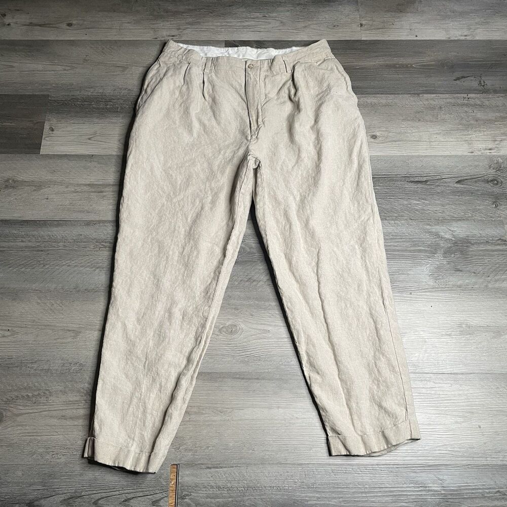 Turnbury Mens 40x30 Double Pleated 100% Linen Beige Oatmeal Dress Pants
